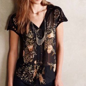 Anthropologie | Meadow Rue Sheer Black Floral Top